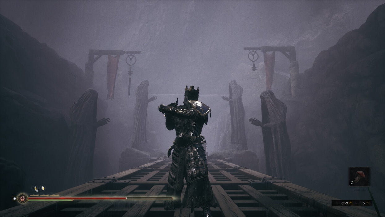 Mortal Shell PC Steam Gameplay Screenshot – A knight in full armor stands on a misty, eerie bridge surrounded by dark statues with outstretched hands, evoking an ominous atmosphere in Mortal Shell. Buy Mortal Shell PC game keys now at RushGame.co