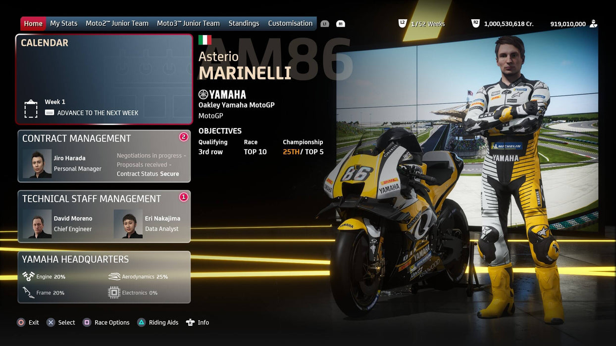 MotoGP 22 PC Career Mode Overview – A detailed view of the career mode screen in MotoGP 22, featuring a rider in full gear next to their Yamaha bike, ready for the upcoming season. Get MotoGP 22 game keys for PC on Steam from RushGame.co