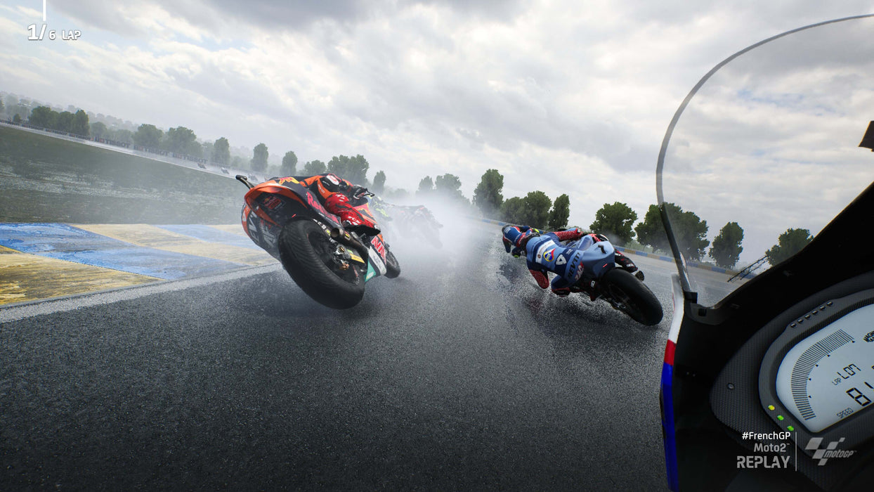 MotoGP 22 PC Steam Wet Race Screenshot – Intense racing action during a wet weather event in MotoGP 22, with multiple bikes sliding on a rainy track, highlighting the game's dynamic weather conditions. Find your MotoGP 22 game key for PC on Steam at RushGame.co