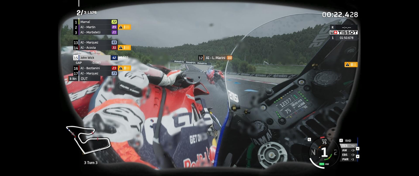 MotoGP 24 PC Steam Helmet Cam View – A first-person view of a high-speed race from the rider’s helmet camera during a rainy race event in MotoGP 24, displaying the race standings. Get your MotoGP 24 game key on PC Steam at RushGame.co