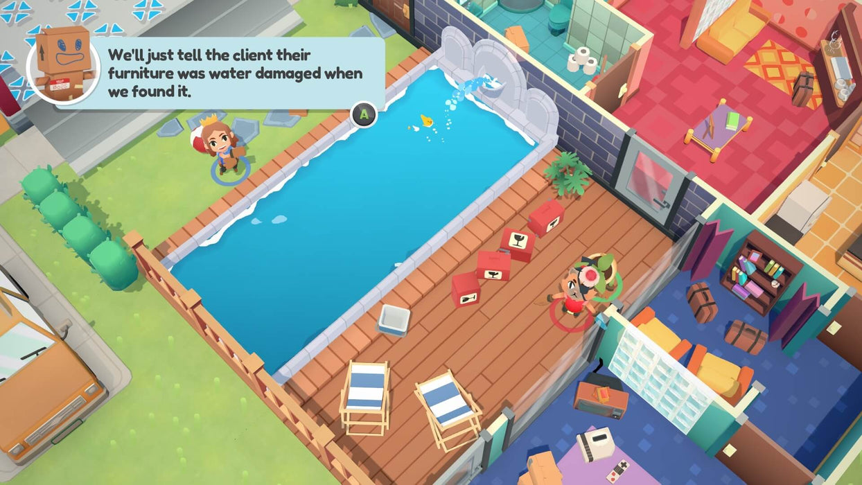 Moving Out Nintendo Switch Cooperative Gameplay – Players work together to move boxes and furniture out of a house, including a poolside area, in Moving Out. Get your Moving Out game key for Nintendo at RushGame.co