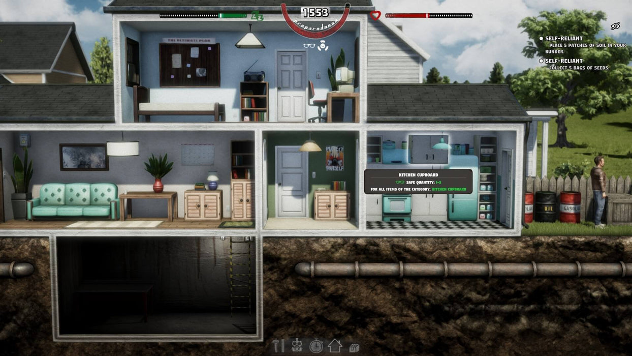 Mr. Prepper Xbox screenshot showcasing the interior of a player's underground bunker. Various rooms in the bunker are visible, including a kitchen, living room, and storage areas. The player manages survival tasks like food storage. Purchase your game key on RushGame.co