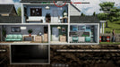 Mr. Prepper Xbox screenshot showcasing the interior of a player's underground bunker. Various rooms in the bunker are visible, including a kitchen, living room, and storage areas. The player manages survival tasks like food storage. Purchase your game key on RushGame.co