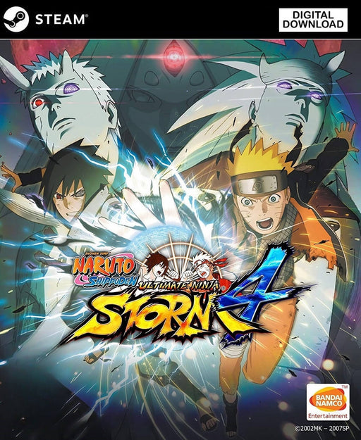 Cover image for Naruto Shippuden: Ultimate Ninja STORM 4 on PC Steam, featuring Naruto, Sasuke, and powerful foes in an electrifying anime-style battle scene. Buy your Steam digital game key now at RushGame.co and experience intense ninja combat with legendary characters!