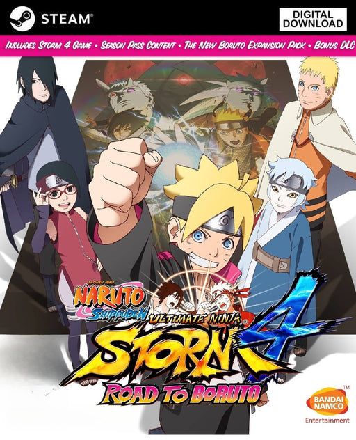 Promotional image for Naruto Shippuden: Ultimate Ninja Storm 4 Road to Boruto Bundle on PC Steam, featuring Boruto and next-gen ninjas in a vibrant anime-style pose. This complete edition includes the original Storm 4 game, season pass, and Boruto expansion—available now at RushGame.co with instant digital key delivery