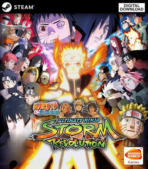 Official cover art for Naruto Shippuden: Ultimate Ninja STORM Revolution on Steam, featuring an all-star cast of iconic characters like Naruto, Sasuke, and Obito in a vibrant, action-packed composition. Get your digital game key instantly at RushGame.co and experience high-speed ninja battles on PC