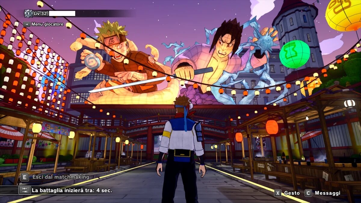 Lobby scene with Naruto and Sasuke artwork - Shinobi Striker Xbox gameplay: The vibrant in-game lobby features artwork of Naruto and Sasuke above a festival-style street, with a player character preparing for matchmaking. Immerse yourself in the Naruto universe with Shinobi Striker on Xbox, available at RushGame.co