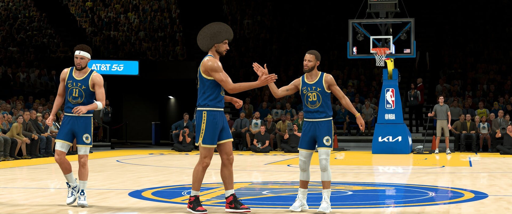 NBA 2K23 Xbox One - Golden State Warriors players celebrating
An exciting NBA 2K23 in-game scene on Xbox One, featuring Stephen Curry (#30) and Klay Thompson (#11) of the Golden State Warriors celebrating on the court after a successful play. The vibrant crowd and AT&T 5G branding enhance the immersive gameplay experience. Buy NBA 2K23 game codes at RushGame.co