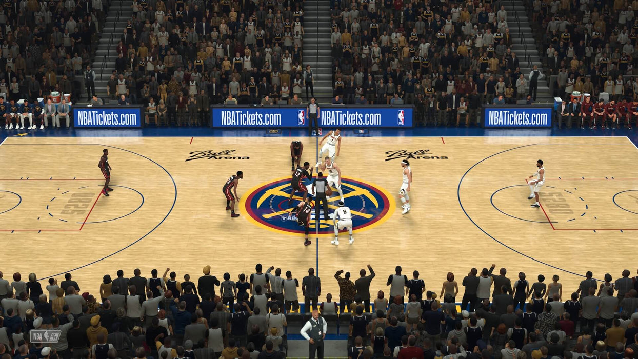 NBA 2K24 Kobe Bryant Edition tip-off between Miami Heat and Denver Nuggets at Ball Arena. Available for purchase on PC via Steam at RushGame.co