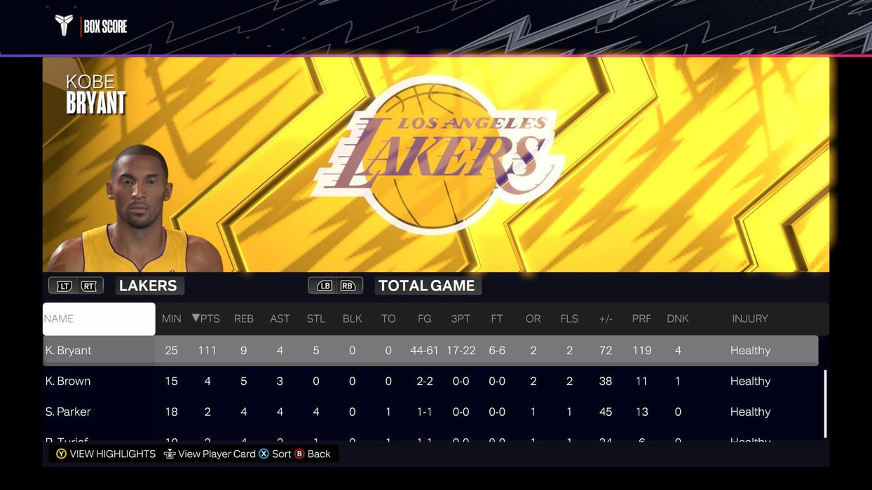 Kobe Bryant’s stat screen in NBA 2K24 Kobe Bryant Edition, showing an impressive 111-point game for the Los Angeles Lakers. Grab the Steam version at RushGame.co