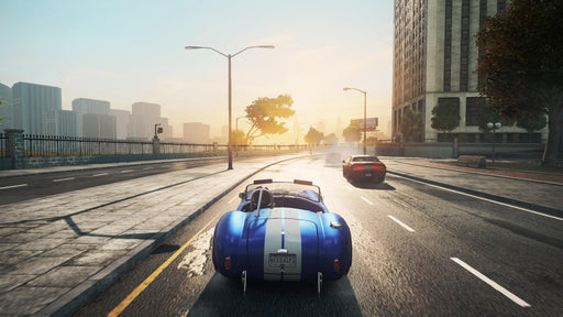 A vibrant sunset cityscape in Need for Speed: Most Wanted, showcasing a sleek blue convertible speeding down the road. Experience high-speed chases and adrenaline-pumping action in the urban environment. Available for purchase at RushGame.co