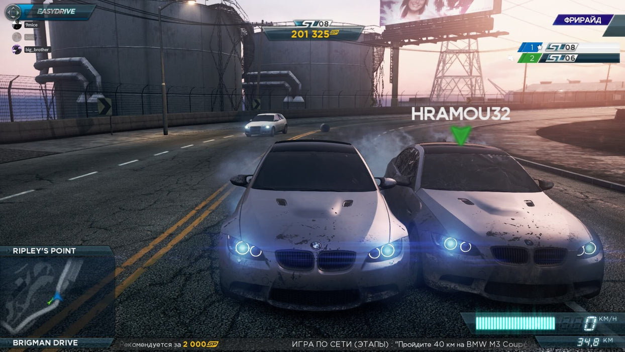 Two silver BMW M3 Coupes side by side during a multiplayer race in Need for Speed: Most Wanted. Engage in fierce car chases and online competition. Get your Need for Speed: Most Wanted key at RushGame.co