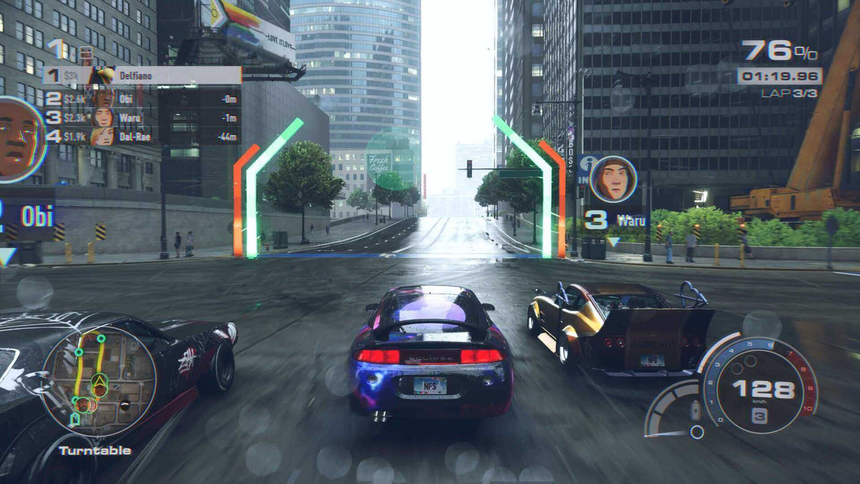 Gameplay screenshot from Need for Speed Unbound showing three racers battling through the city with animated effects and neon trails – available as a Steam CD Key from RushGame.co