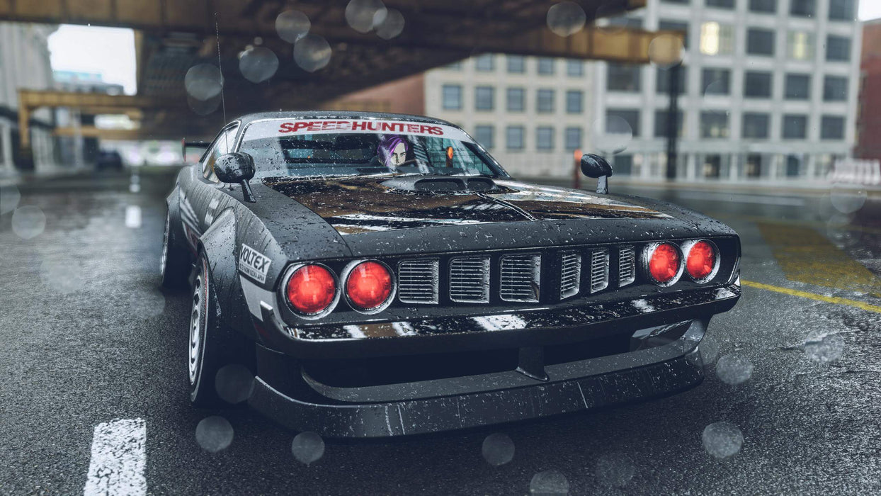 A detailed in-game close-up of a black muscle car in Need for Speed Unbound, showcasing realistic rain effects and urban street racing – grab your Steam CD Key at RushGame.co