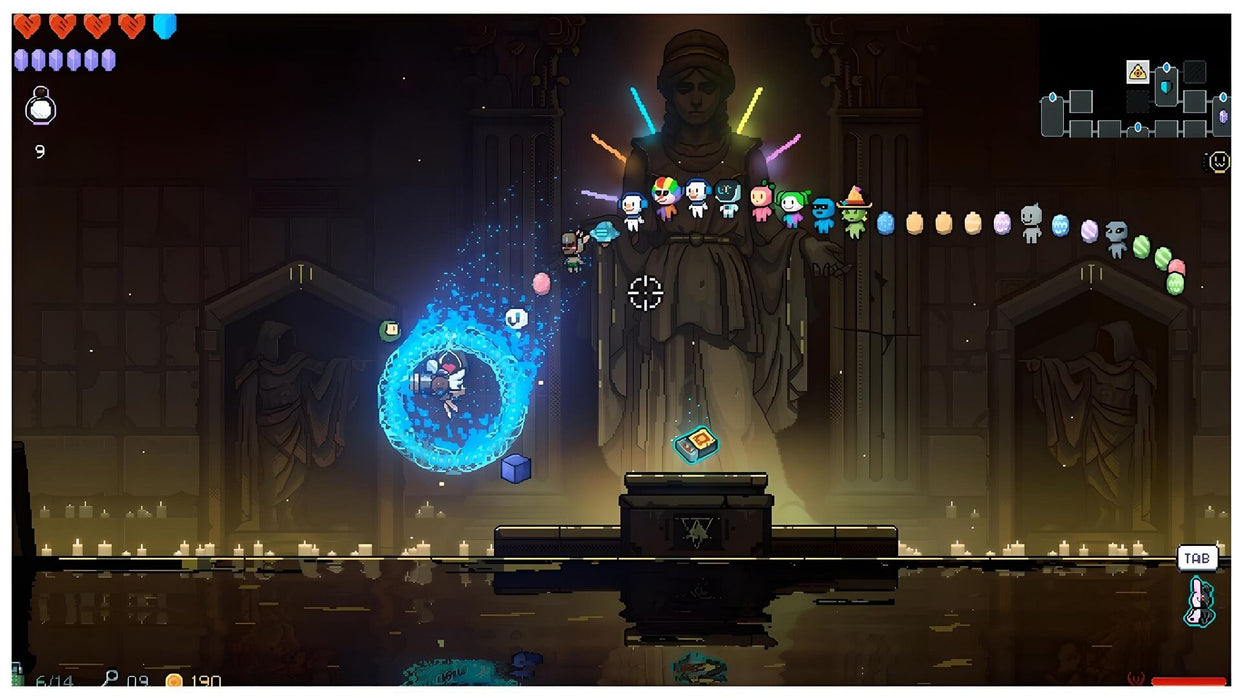 Gameplay scene from Neon Abyss Deluxe Edition for PC, displaying a mysterious temple with a glowing blue portal and colorful followers – grab your Steam game key at RushGame.co