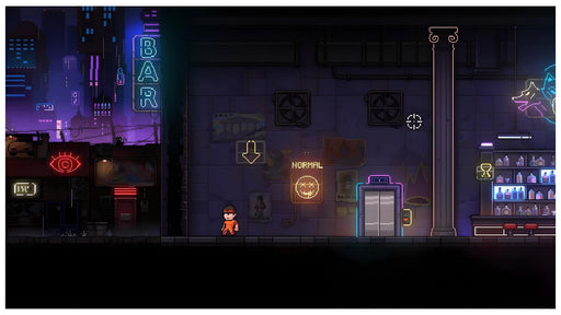 Pixelated cityscape from Neon Abyss Deluxe Edition on Steam, featuring neon signs, a dark alley, and the entrance to the game’s iconic underground bar – get your CD key for PC at RushGame.co