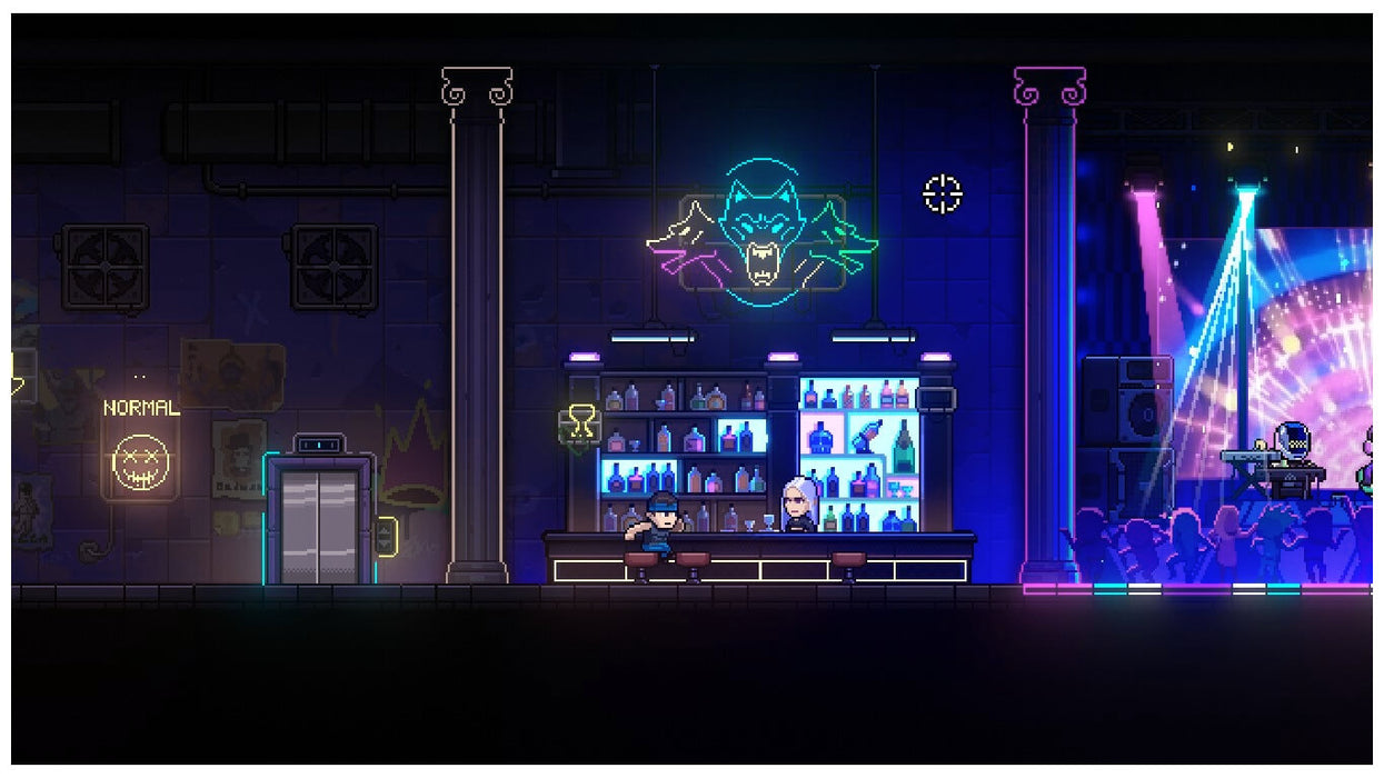In-game screenshot from Neon Abyss Deluxe Edition on Steam, showing a neon-lit underground bar with pixel-art characters and vibrant cyberpunk décor – available as a PC Steam CD key at RushGame.co