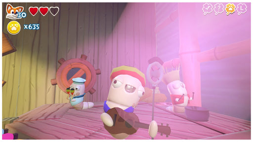 In-game screenshot from New Super Lucky's Tale on Steam, showing quirky worm characters playing music inside a wooden hut – available now as a PC CD key from RushGame.co