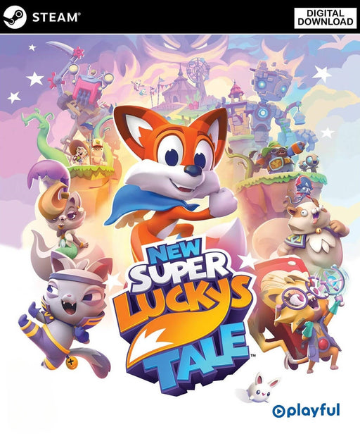 Cover art of New Super Lucky's Tale for PC Steam, featuring the cheerful fox Lucky and a colorful cast of characters in a whimsical platforming world – grab your Steam CD key now at RushGame.co