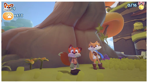 In-game screenshot from New Super Lucky's Tale on Xbox One, showing Lucky the fox and a female character standing near a giant tree in a vibrant 3D environment – available as a US digital game code at RushGame.co