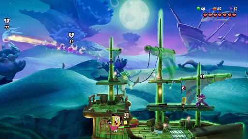 Colorful in-game screenshot from Nickelodeon All-Star Brawl 2 for PC Steam featuring SpongeBob battling on a pirate ship stage. Get your digital key at RushGame.co and enjoy action-packed cartoon brawls with your favorite characters