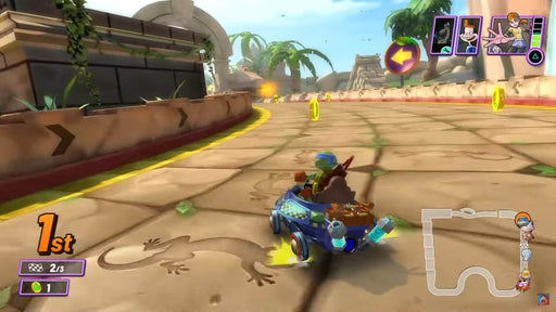 In-game screenshot from Nickelodeon Kart Racers 2: Grand Prix on PC Steam showing a Teenage Mutant Ninja Turtle character in first place on a tropical racetrack. Buy your Steam CD Key now at RushGame.co and race with your favorite Nickelodeon stars.