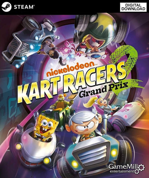 Official cover art of Nickelodeon Kart Racers 2: Grand Prix for PC Steam with SpongeBob, Lincoln Loud, and Ninja Turtles in high-speed karts. Get your digital download at RushGame.co and race your way to the top