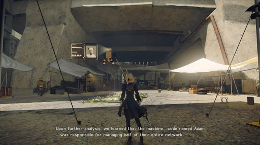 Scene from NieR: Automata featuring 2B at the resistance camp, with dialogue explaining the enemy network. Unlock the full story with a Steam CD key available instantly at RushGame.co