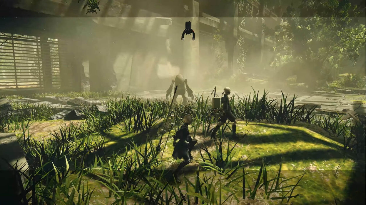 In-game screenshot from NieR: Automata showing 2B and 9S engaged in combat in a lush overgrown forest area. Purchase your digital Steam CD key now at RushGame.co for instant access to this iconic action-packed title