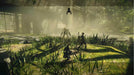 In-game screenshot from NieR: Automata showing 2B and 9S engaged in combat in a lush overgrown forest area. Purchase your digital Steam CD key now at RushGame.co for instant access to this iconic action-packed title