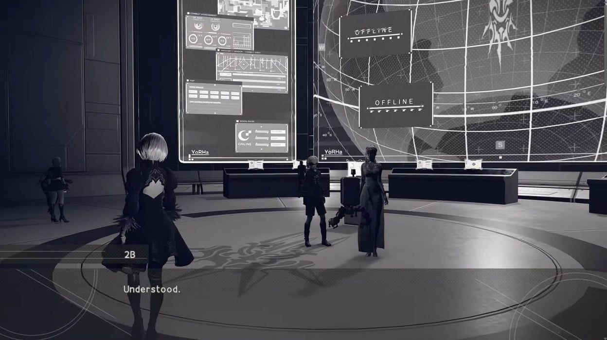 Screenshot from NieR: Automata Game of the YoRHa Edition showing 2B and 9S inside the YoRHa command center. Secure your Steam CD key from RushGame.co for immediate access to this critically acclaimed game