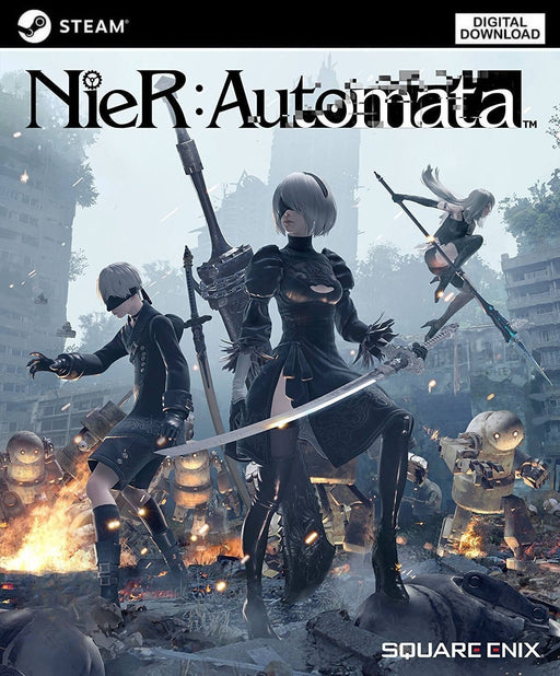 Official cover art for NieR: Automata on PC Steam, featuring android protagonists 2B, 9S, and A2 poised for battle in a post-apocalyptic world filled with robotic enemies. Buy the digital game key now at RushGame.co and immerse yourself in a gripping sci-fi adventure