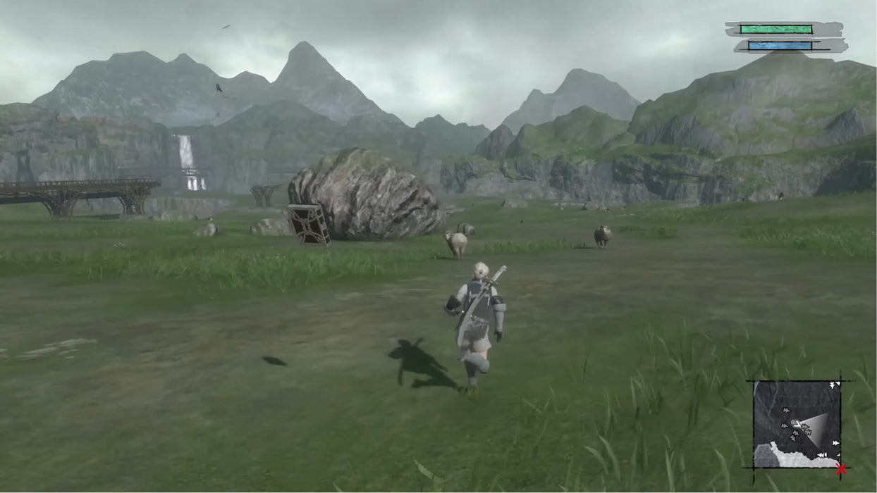 In-game screenshot from NieR Replicant ver.1.22474487139... showing the main character exploring a vast grassy plain surrounded by mountains. Get your Steam CD key today at RushGame.co