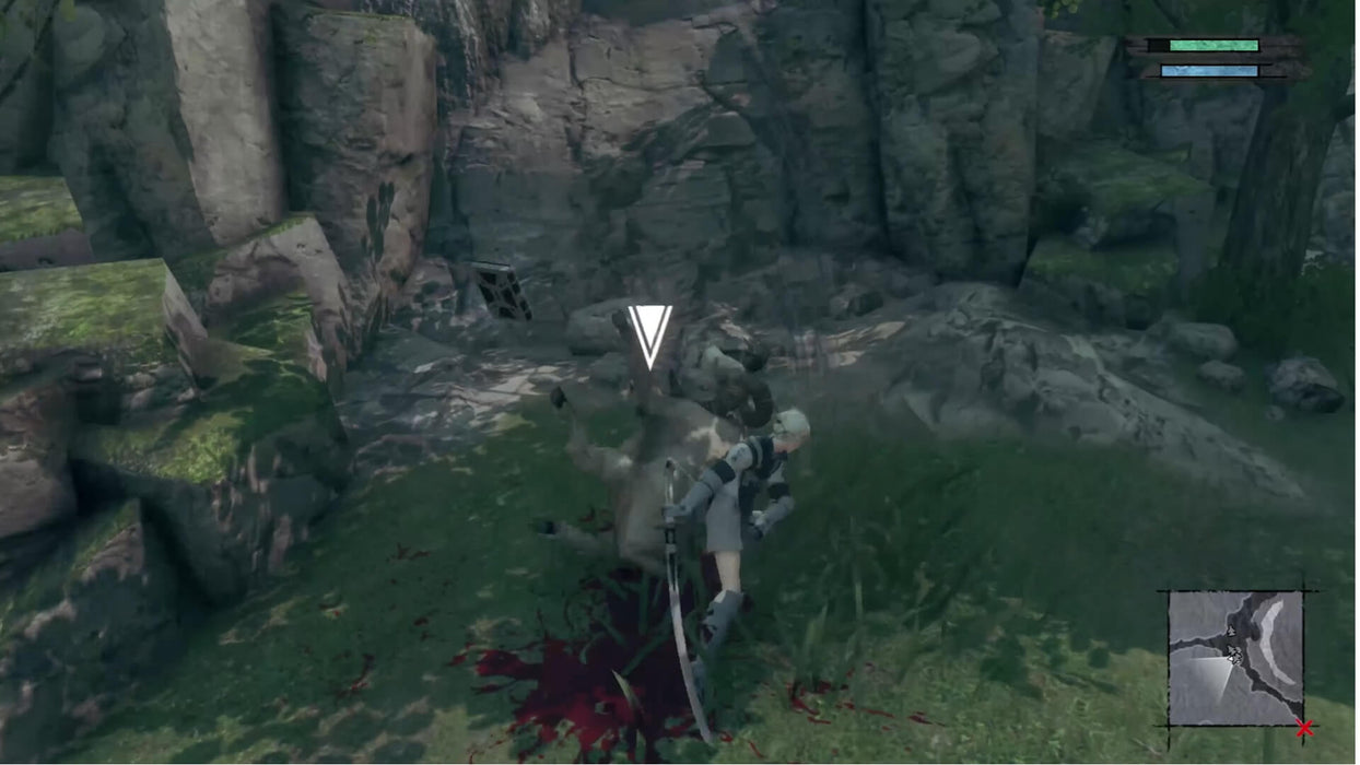 Action-packed battle scene from NieR Replicant ver.1.22474487139... with the protagonist attacking an enemy in a rocky environment. Purchase your digital copy for PC on RushGame.co