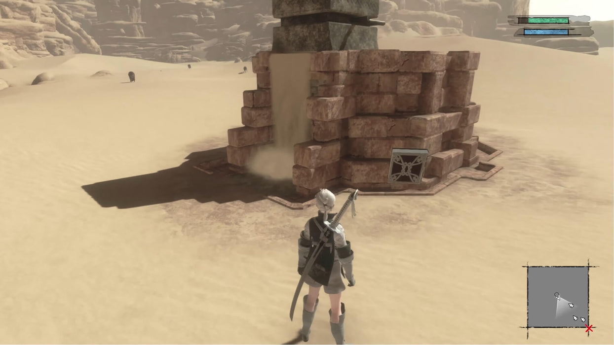 Gameplay image of NieR Replicant ver.1.22474487139... displaying the main character in a sandy desert near a crumbling stone structure. Unlock your Steam key instantly at RushGame.co