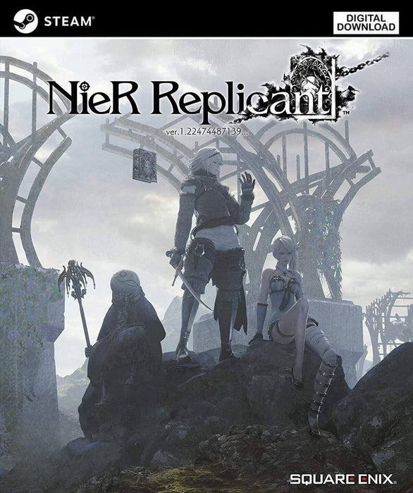 Cover art for NieR Replicant ver.1.22474487139... for PC Steam, featuring the game's protagonists standing on a rocky platform in a mysterious and haunting world. Buy your digital game key now at RushGame.co for instant delivery