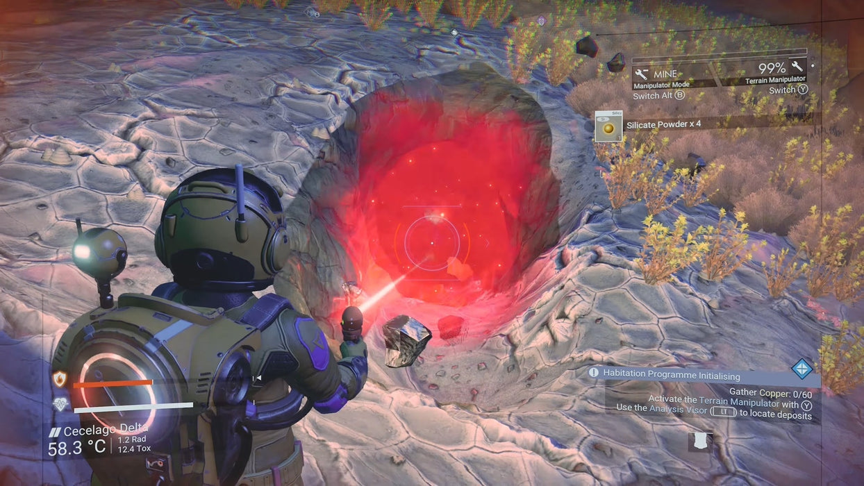 Gameplay image from No Man's Sky (PC Steam) where the player excavates a glowing red crater using a terrain manipulator. Buy your No Man's Sky Steam CD key today at RushGame.co and start exploring unique alien worlds