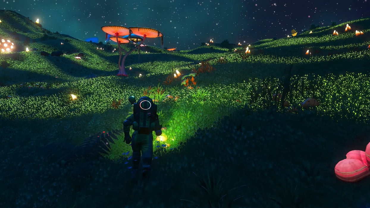 No Man's Sky gameplay image showing a glowing alien landscape with bioluminescent grass and giant mushrooms under a starry sky. Unlock the adventure on PC Steam with your No Mans Sky CD key from RushGame.co