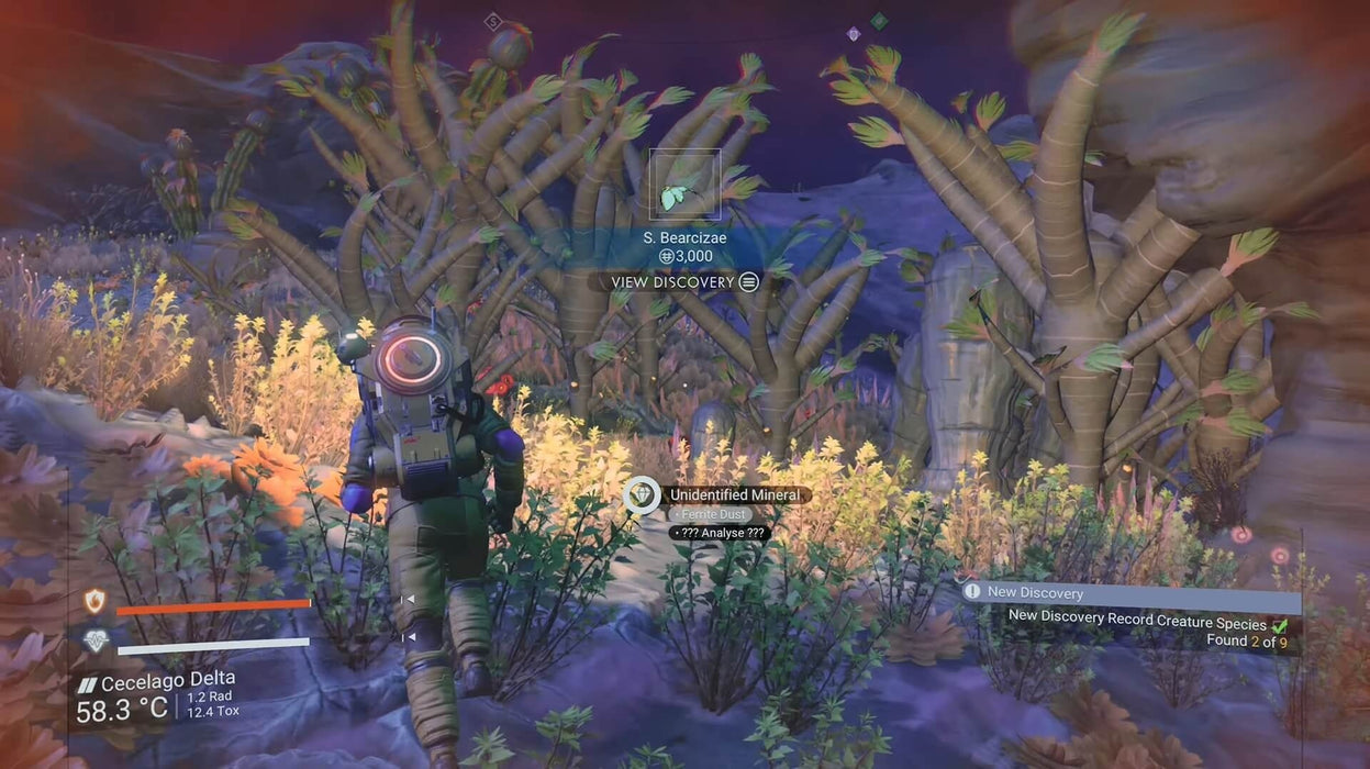 In-game screenshot from No Man's Sky (Steam ROW), showing a player discovering a rare alien plant species in a lush extraterrestrial environment. Begin your journey across strange new worlds—buy your Steam key now at RushGame.co