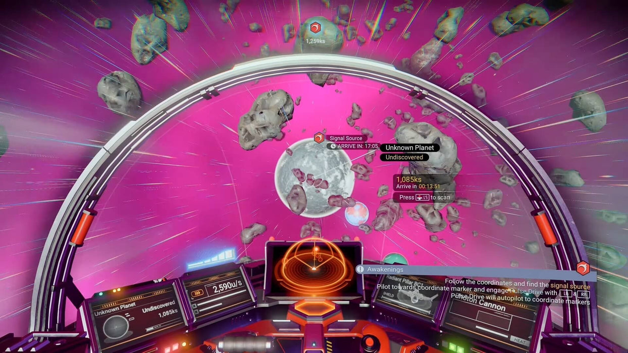 First-person spaceship view in No Man's Sky on Steam ROW, flying through a vibrant asteroid field with planets in the distance. Experience open-world space exploration—purchase your Steam key today at RushGame.co