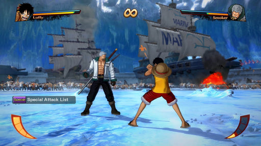 Gameplay screenshot from One Piece: Burning Blood on Xbox One featuring Luffy and Smoker facing off in a naval battlefield. Unlock your digital Xbox CD key today at RushGame.co and unleash your pirate power
