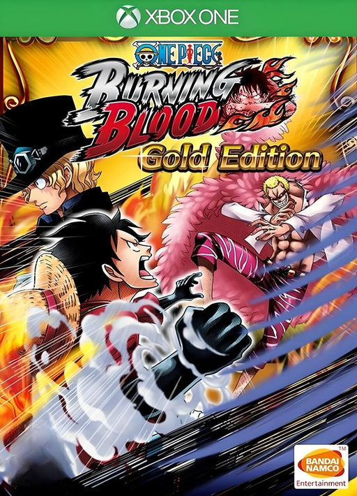 Cover art of One Piece: Burning Blood Gold Edition for Xbox One, showcasing Luffy, Sabo, and Doflamingo in an explosive anime battle. Get your Xbox One CD key now at RushGame.co and join the epic pirate clash