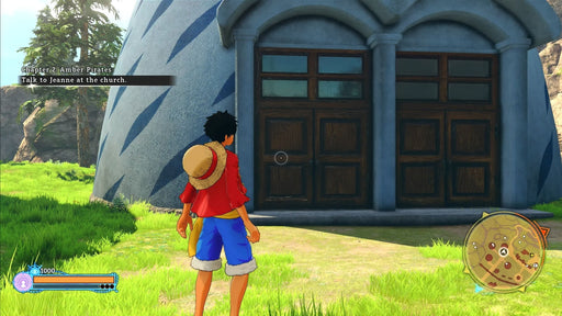 In-game screenshot from ONE PIECE World Seeker for Xbox One, showing Luffy standing in front of a church during Chapter 2 mission. Buy your US Xbox One CD Key now at RushGame.co and join the adventure.