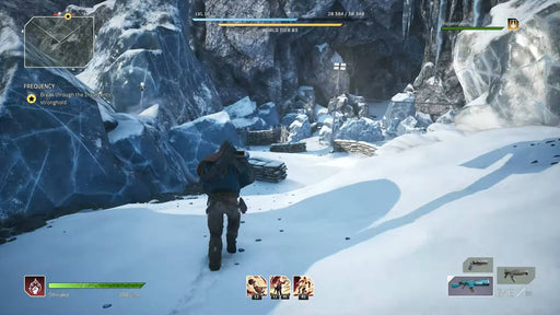 Gameplay screenshot of Outriders on Xbox featuring an intense snowy battlefield during the Insurgents’ stronghold mission. Download your Outriders key quickly at RushGame.co and join the fight