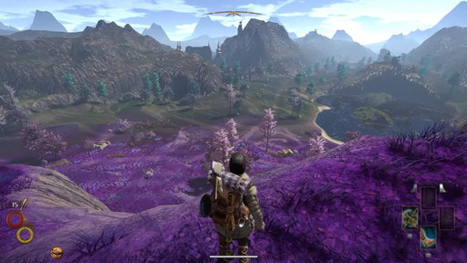 A player stands atop a hill, gazing over a vibrant purple valley filled with trees and distant structures in Outward: Definitive Edition. Explore stunning landscapes and buy your Steam CD Key now at RushGame.co