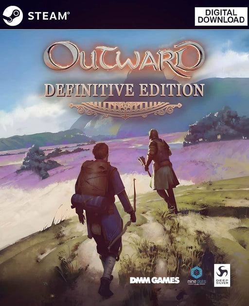 cover art for Outward: Definitive Edition, featuring two explorers heading into a vast fantasy world. Get your digital download Steam key from RushGame.co and embark on your adventure today