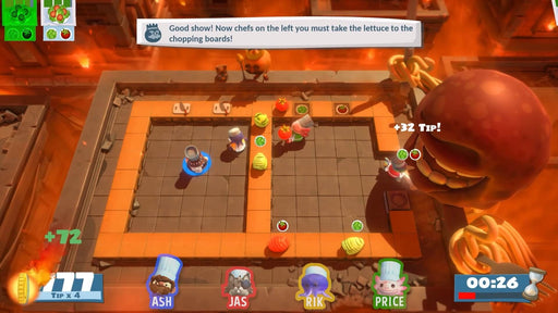 In-game screenshot from Overcooked! All You Can Eat PC Steam showing chefs preparing salads in a lava-filled kitchen – buy your Steam CD key today at RushGame.co and join the cooperative cooking chaos