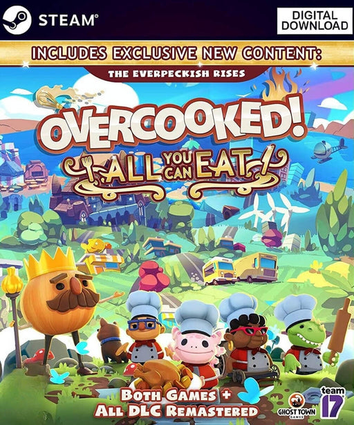 Cover art from Overcooked! All You Can Eat for PC Steam, showcasing the full cast of chefs in a colorful culinary world – grab your digital CD key now at RushGame.co and dive into the ultimate cooking mayhem