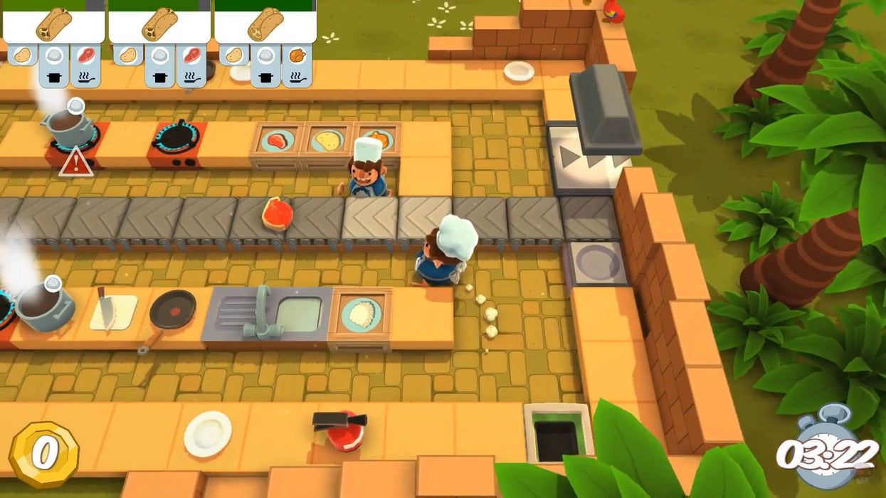 Gameplay image from Overcooked: Gourmet Edition for Xbox One, where players coordinate in a tropical kitchen to serve up delicious meals. Get your digital game code instantly at RushGame.co