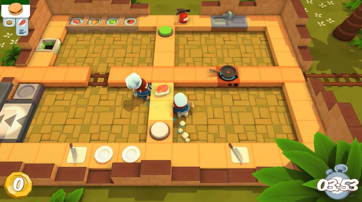 Screenshot from Overcooked: Gourmet Edition Xbox One version, featuring a jungle-themed level and multiple chefs rushing to prepare orders. Purchase your Overcooked Xbox One CD Key with fast delivery from RushGame.co